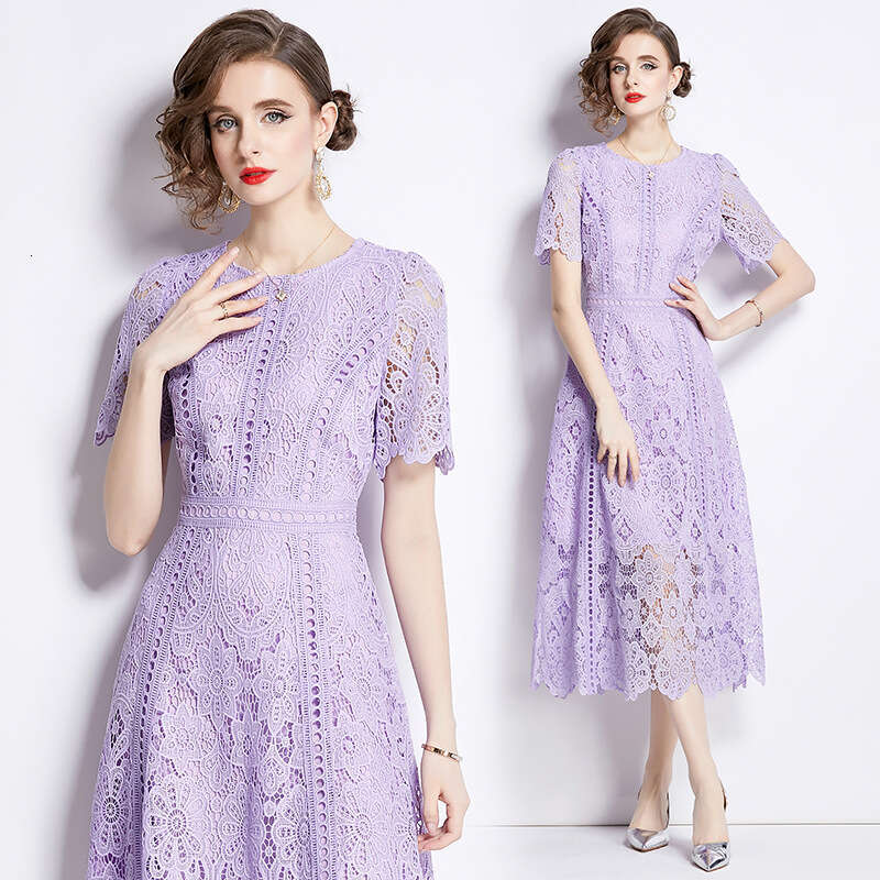 Summer new women's short sleeved lace dress, mid to long hook shaped hollow B15 out purple high waisted A-line dress, 2026