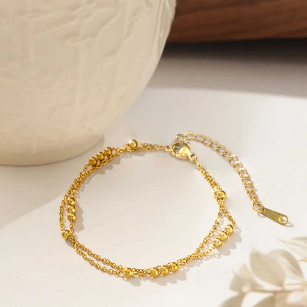Gold Plated Small Round Beads Retro Double Layer Stainless Steel Jewelry for Women Birthday H260321 - view 3