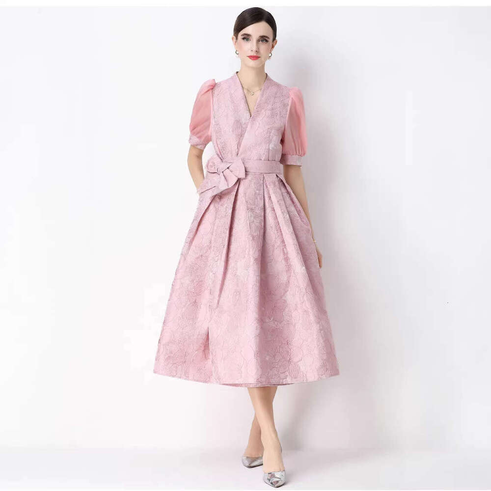 Designer French style women's 2026 summer waist cinched V-neck short sleeved k30 elegant jacquard long dress social wear