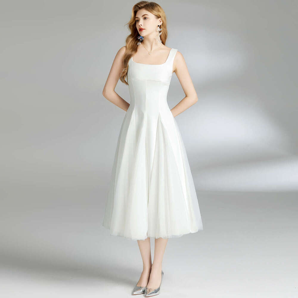 Designer women's A14 white spaghetti strap dress summer new patch mesh fluffy fairy high-end feeling wedding dress long skirt