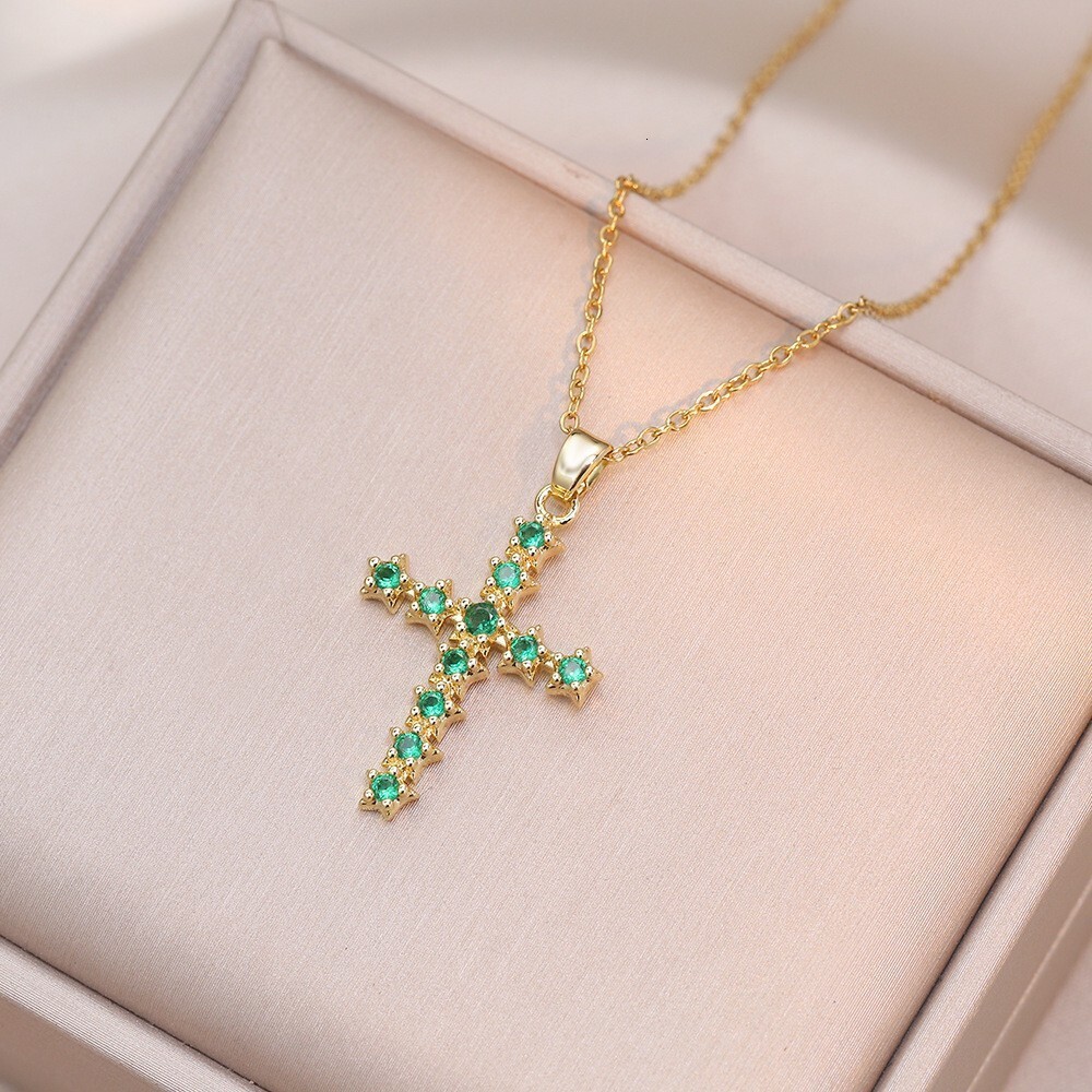 For Women Colorful Zircon Jewelry Niche Design Full Diamond Cross Pendant Necklace Stainless Steel Collarbone Chain