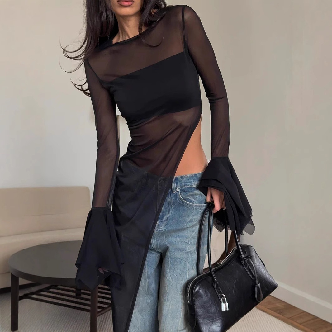 Irregular Long-sleeve Dress European And American Designer Dress Summer New Bell-sleeve Long Dress Black Mesh Dress