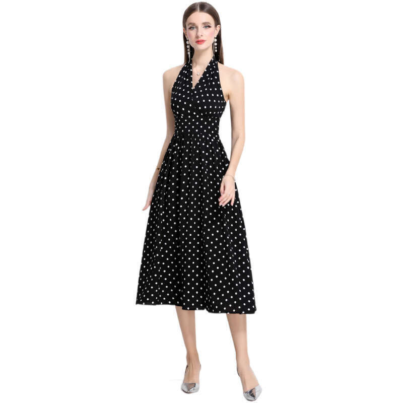 Designer French retro polka dot sleeveless dress with small open back, V-neck, off shoulder, off shoulder tea skirt for 2026 summer A14 women's w