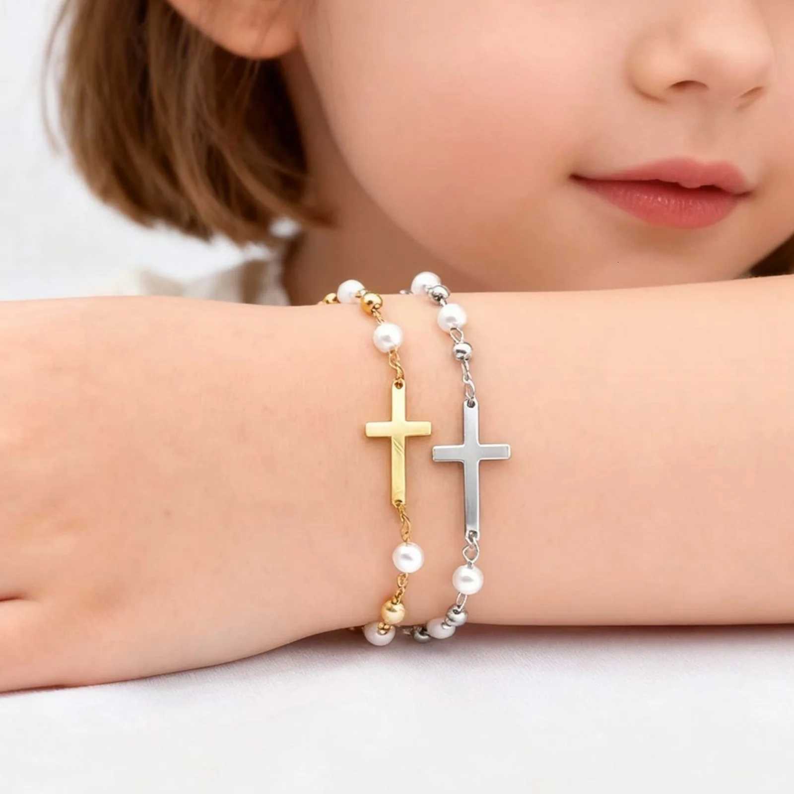 Dainty Cross Charm for Girl Kids Imitation Pearl Stainless Steel Religious Jewelry for Easter Baptism Gifts H260321 - view 3