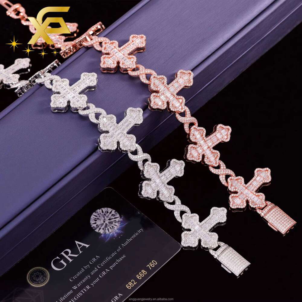 Sterling Silver Iced 925 Out Infinity Cross Link VVS Baguette Diamond Hiphop Jewelry Cuban Moissanite Bracelet Jewelry77