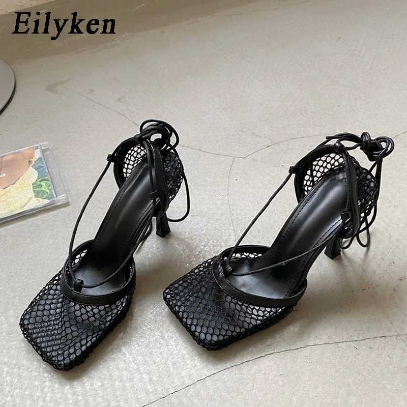 Eilyken Fashion Hollow Breathable Mesh Square Toe Stiletto High Heels Women Pumps Ankle Lace-Up Elegant Dress Ladies Shoes C260321