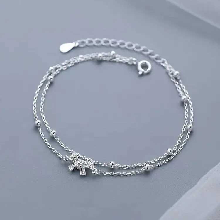 925 Sterling Silver Double Layer Bownot For Women Vintage Korean Sparking Zircon Chain Party Fine Jewelry H260321 - view 6