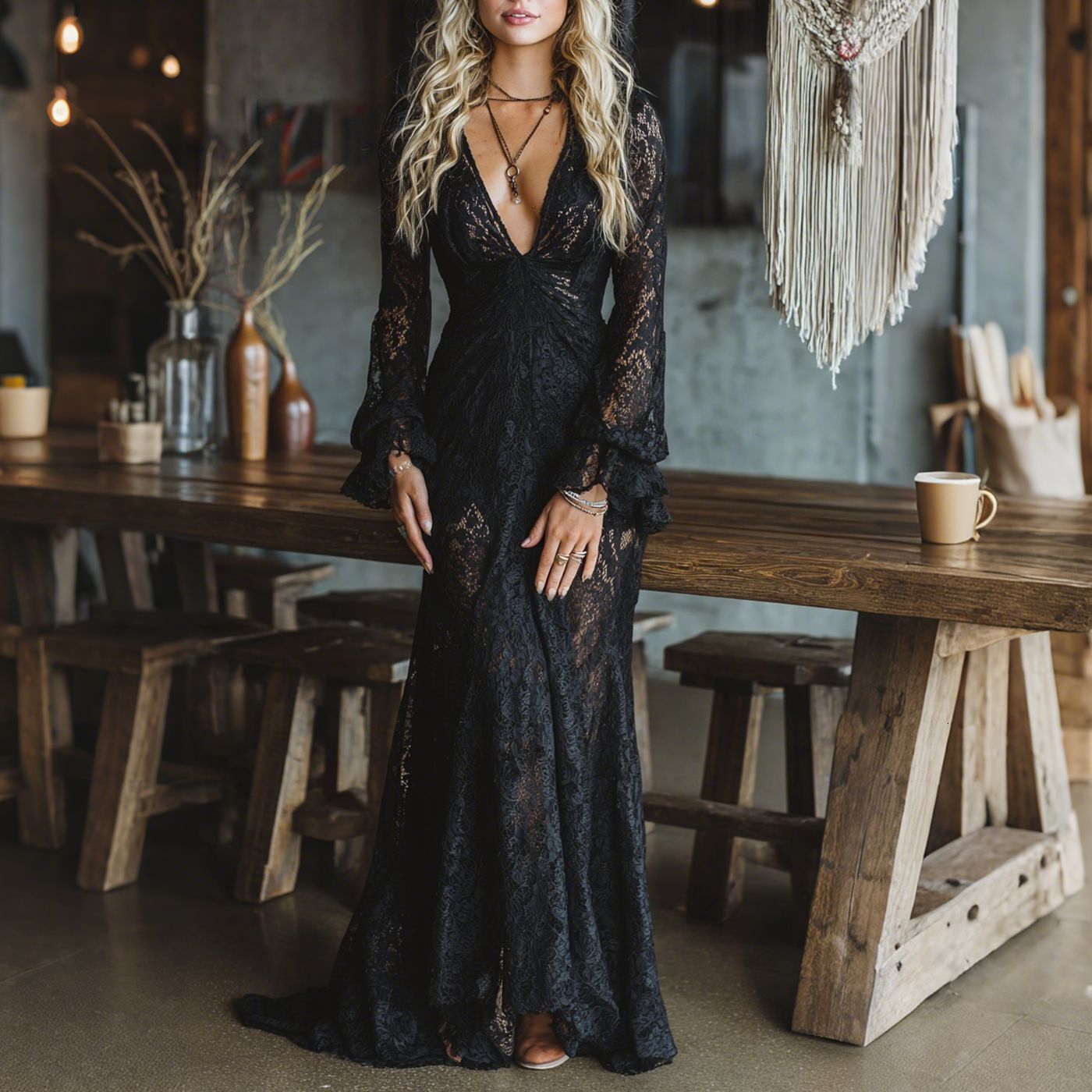 European And American Spring Summer Autumn Designer Dress Women's Fashion Elegant Lace Splicing Square-neck Bell-sleeve Long Dress