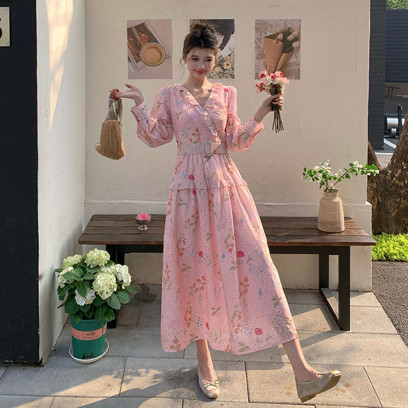 Women's heavy-duty V-neck embroidered hollow French waist A14 fairy 2026 summer travel vacation style elegant floral long dress