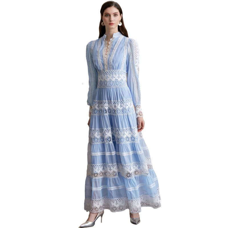 New B15 autumn and winter French long women's lace trimmed V-neck design lantern sleeves slim fit dress 2026