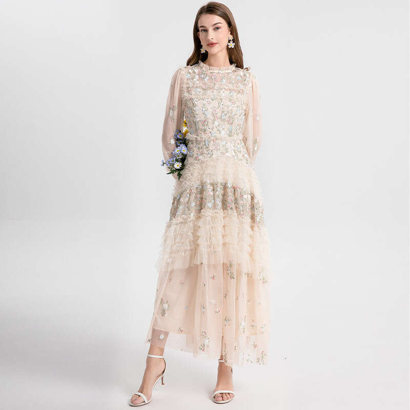 2026 luxury high-end evening dress k30 women's dress features exquisite mesh embroidery and pleated hem layered design
