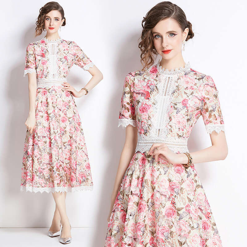 A14 2026 Summer European and American Designer Women's New French Retro Elegant Lace Patch Printed Waist Dress