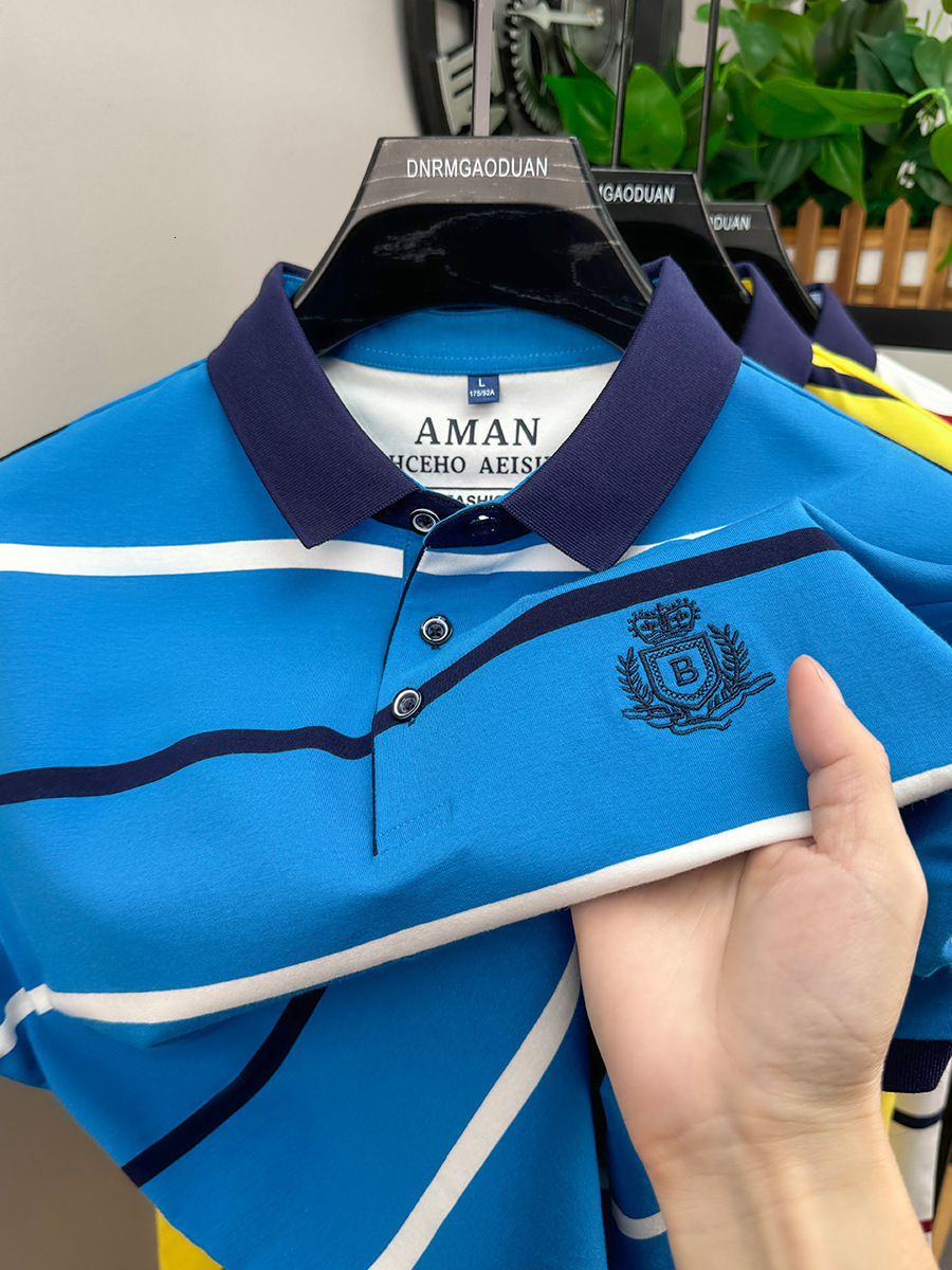 Luxury Brand Designer Men Clothing 2026 Summer Casual Striped Turn-down Collar T-shirt Breathable Short Sleeve Plus Size for Young and Middle-aged Men