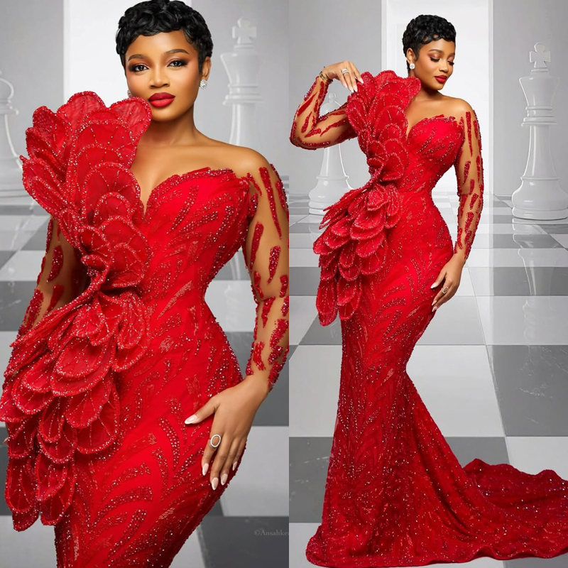 2026 Aso Ebi Red Prom Dress Mermaid Evening Dresses Formal Gowns For Black Women Sheer Neck Illusion Beaded Lace Crystals Flora Birthday Second Recept