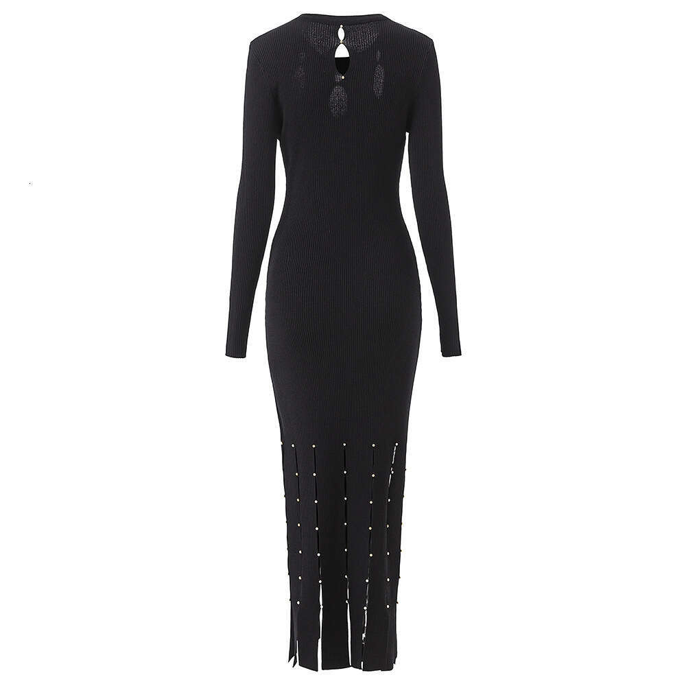 2026 S6 Spring/Summer Designer Long Sleeve Hollow Design Bead Waist Slimming Open Skirt Women's Knitted Dress
