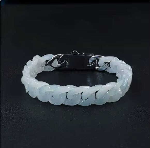 Natural Blue Jadeite Cuban Chain Link Bracelet Handmade Blue Jade Hip Hop Jewelry for Men Women Wholesale Fashion Accessory