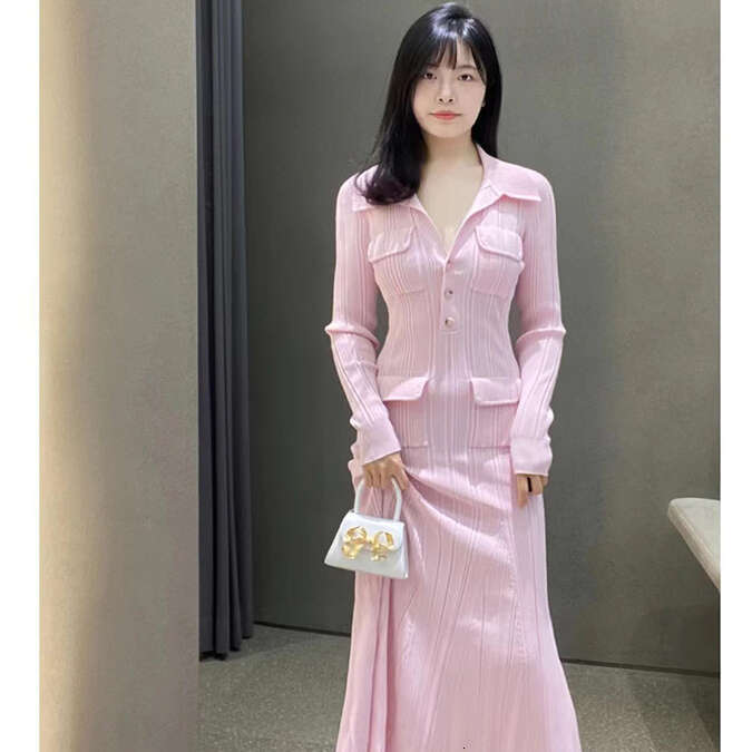 2026 Spring Designer French Gentle Style Pink Knitted Dress Slimming Mermaid S6 Long Dress