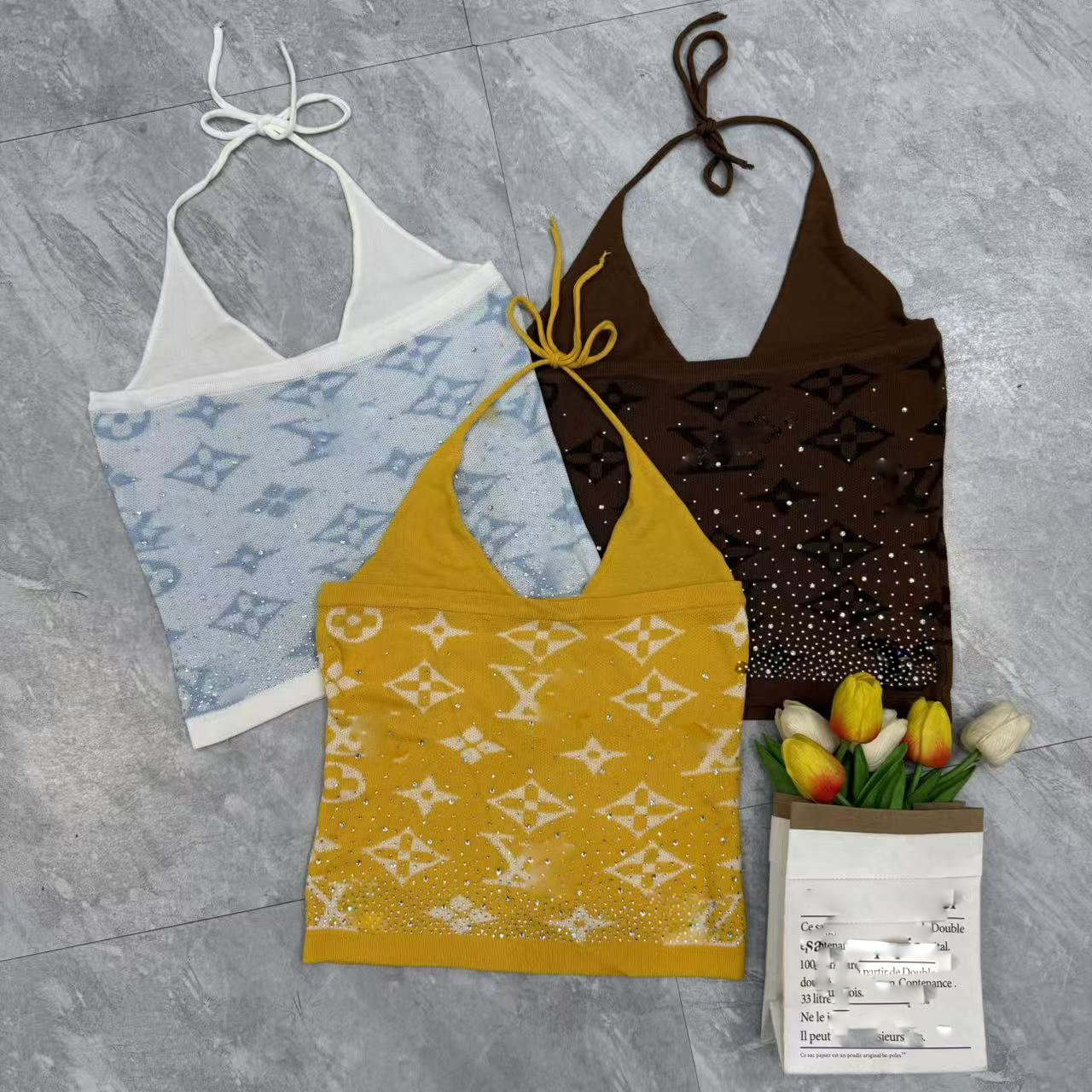 High quality designer 2026 new summer crystal border camisole women's fashionable soft knit vest party club yellow vest