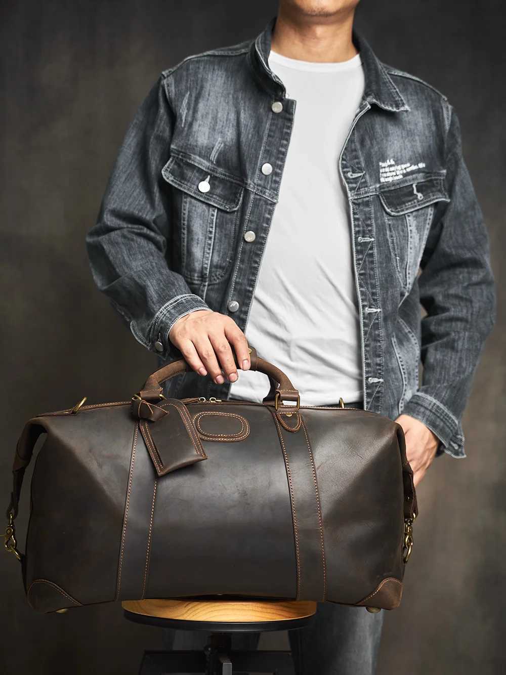 Customised Laser Engraving Crazy Horse Genuine Leather Men Travel Bag Real Leather Travel Duffel Male Luuage Handbag Duffle H260321