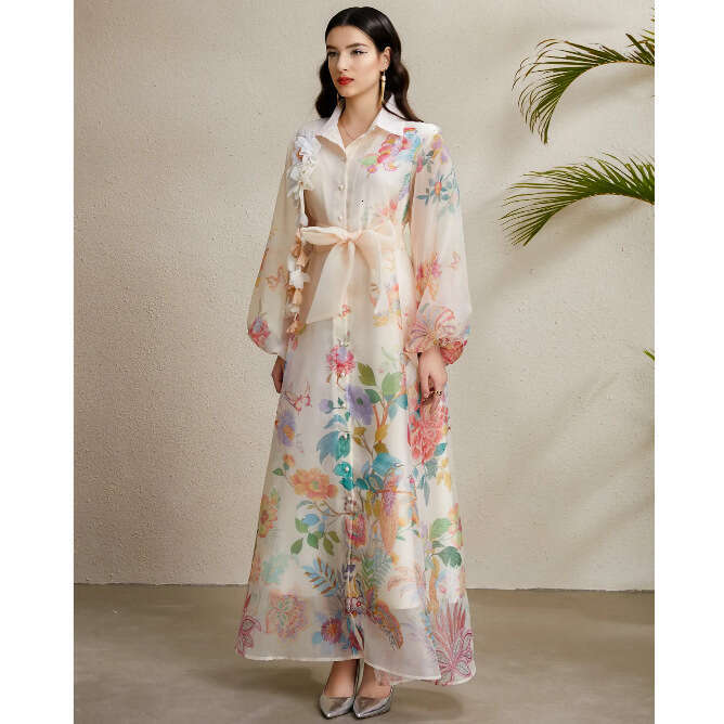 European and American women's clothing 2026 designer autumn three-dimensional floral B15 lantern sleeve long sleeved printed dress