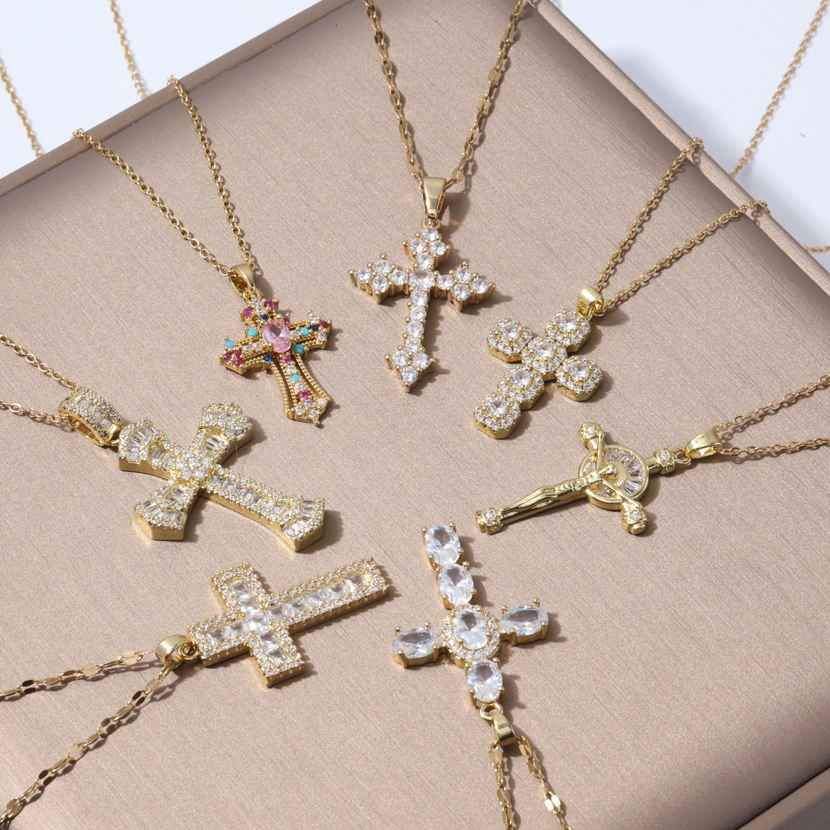 For Women Colorful Zircon Jewelry Niche Design Full Diamond Cross Pendant Necklace Stainless Steel Collarbone Chain