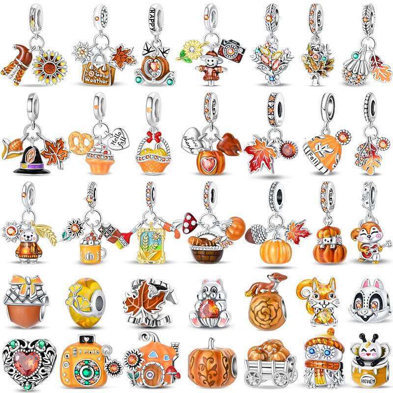 Hot Sale 925 Sterling Silver Golden Autumn Series Charms Beads Scarecrow Pumpkin Maple Leaf Charms For Women Fine DIY Jewelry