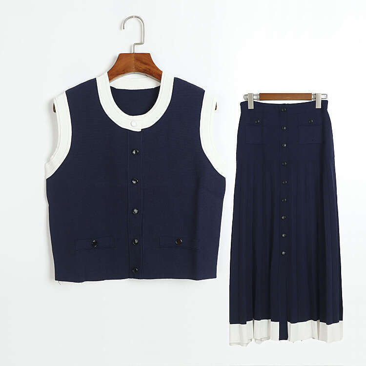 Summer and autumn designer fashion simple knitted suit sleeveless round k30 neck color blocked vest and pleated half skirt