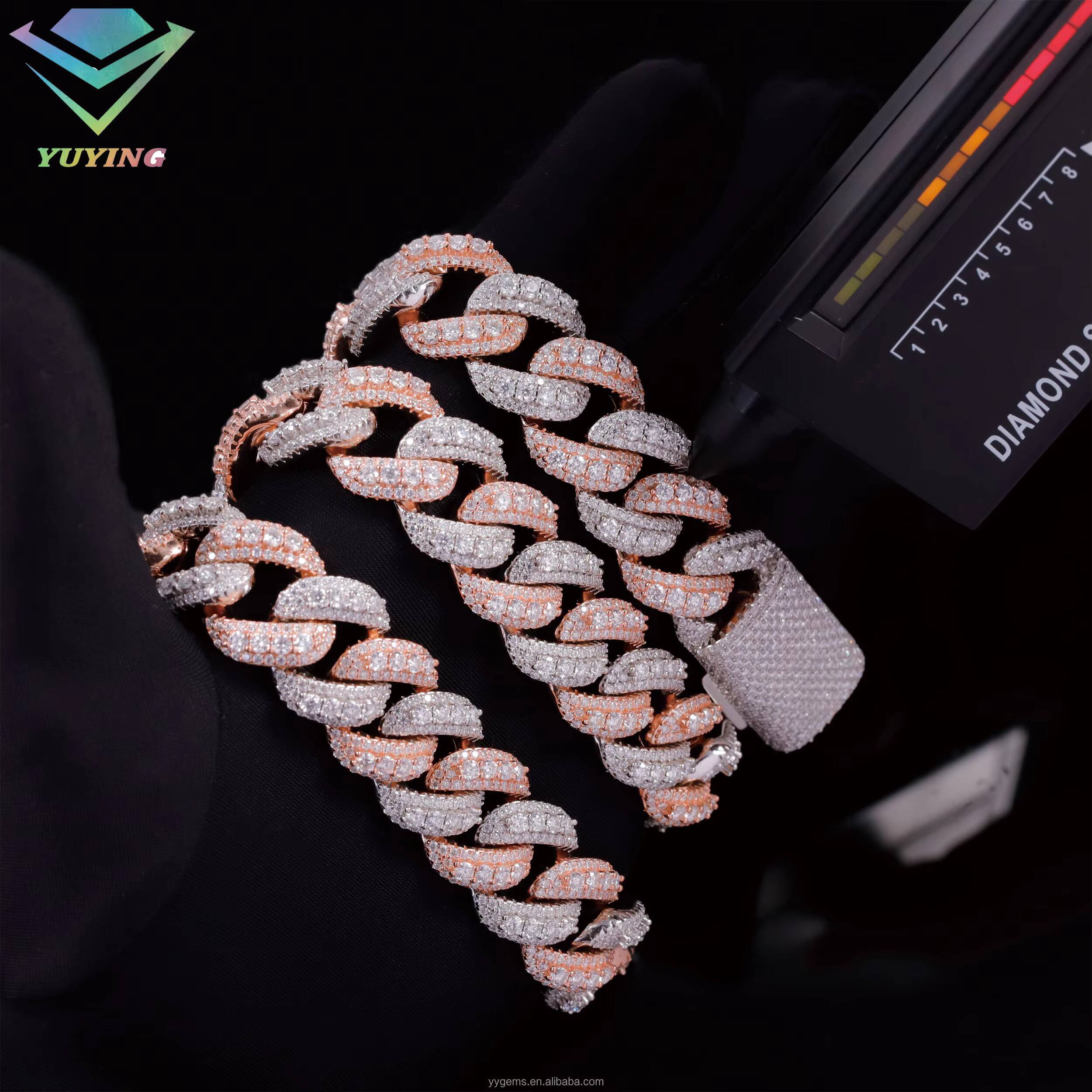 Rose Gold 2 Tones Raised Moissanite 14/16/18MM Wide Iced Out 3 Rows Cuban Link Chains 925 Silver VVS Moissanite Hip Hop Chains