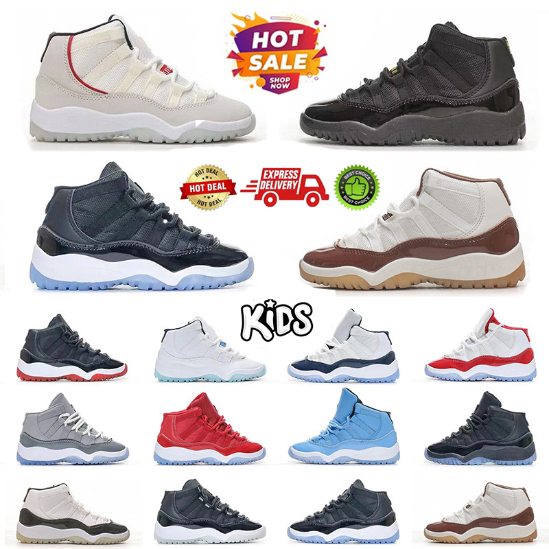 Designer children 11s Kids Basketball Shoes designer TD Cool Grey XI Sneaker Concord Space Jam Metallic Silver Pink Snakeskin Bred Legend Blue Boys Girls 25-37
