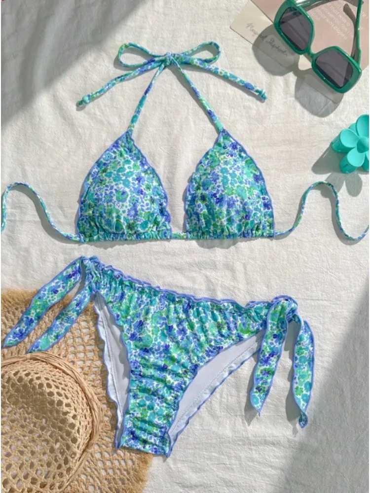 Cute Women Bikini Set 2025 New Summer Orange Floral Print Halter Ruffles Push Up Tie Side Thong Swimsuit Bathing Suit M260321