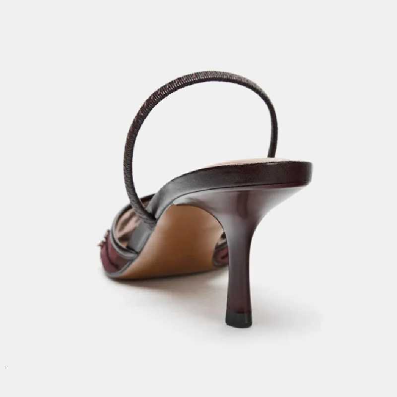 Sexy Pointed Toe Mesh Embroider High Heels for ladies Elegant String Bead pumps Summer Designer Shoe Brown Heeled Sandals C260321