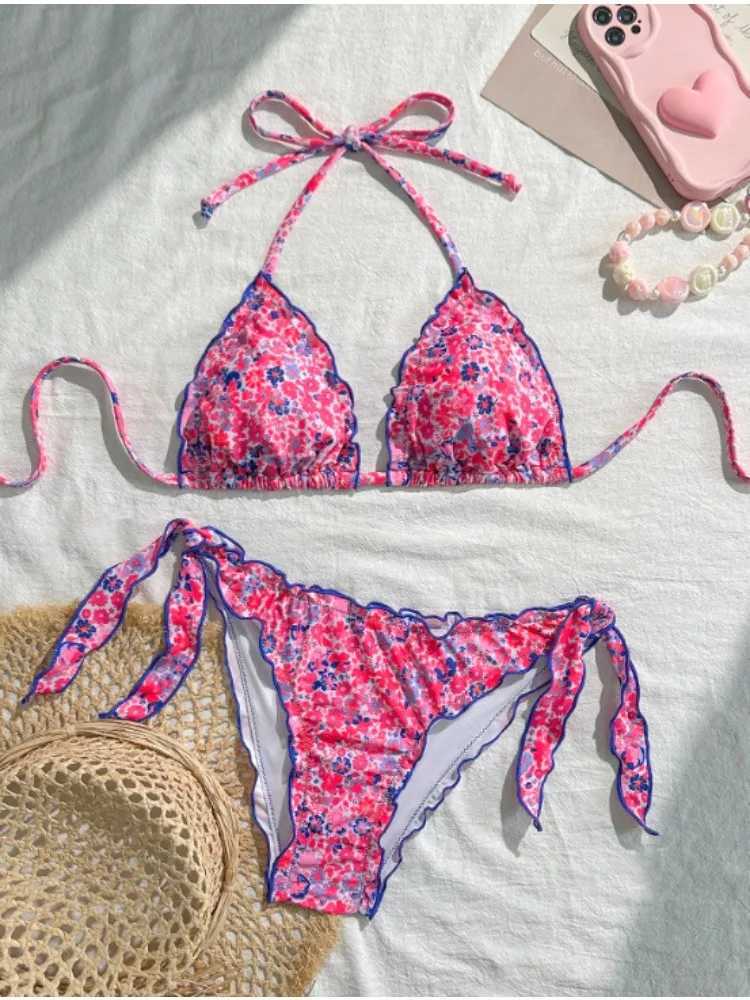 Cute Women Bikini Set 2025 New Summer Orange Floral Print Halter Ruffles Push Up Tie Side Thong Swimsuit Bathing Suit M260321