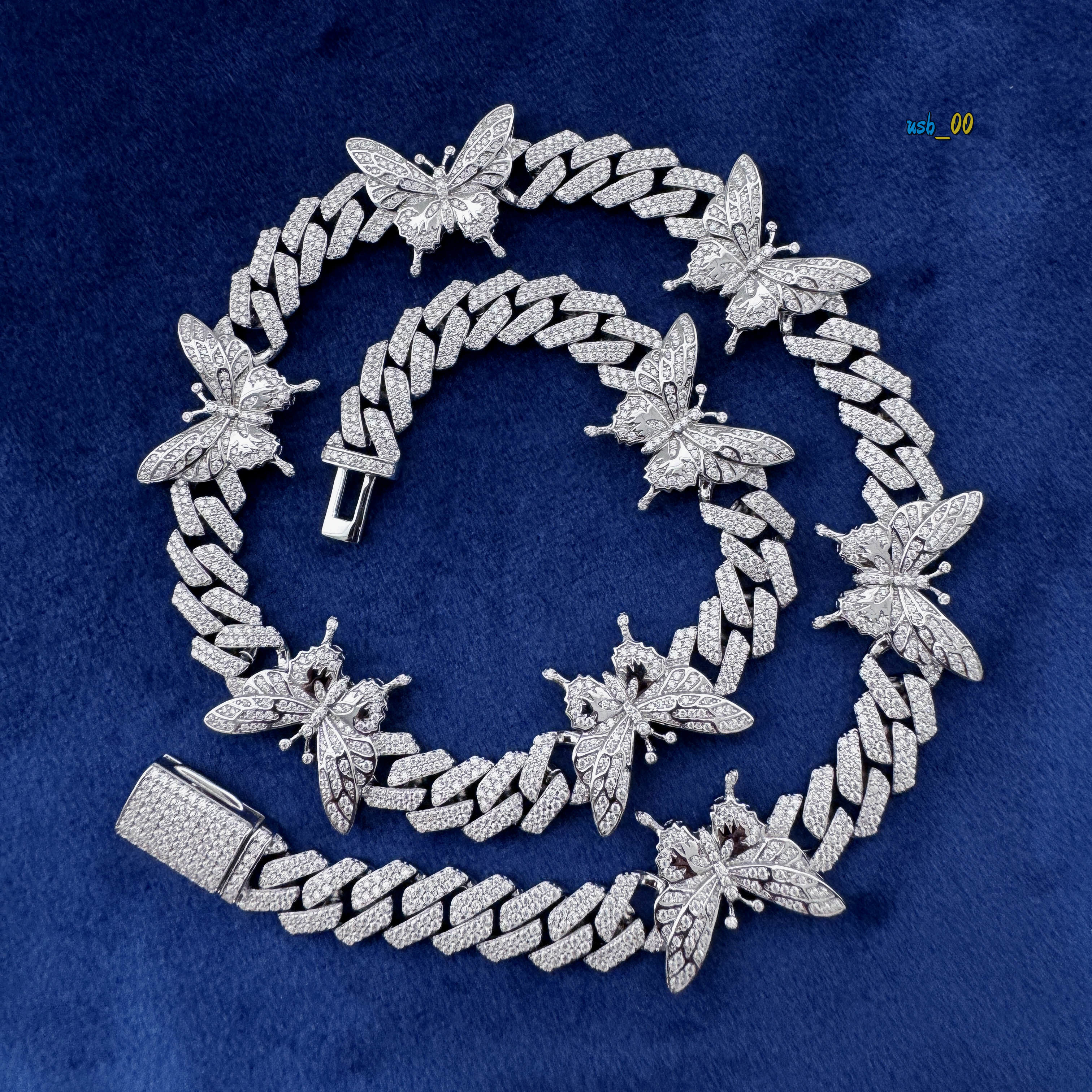 Hiphop Butterfly Cuban Link Necklace 925 Sterling Silver 2Rows 12mm Iced Out Moissanite Cuban Chain