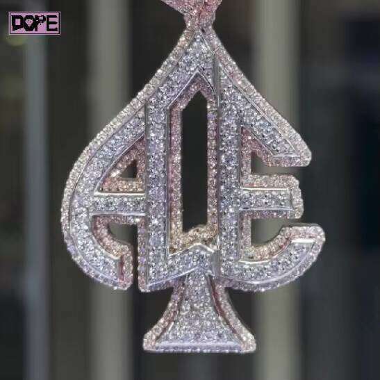 Hiphop VVS Letter Iced Out Hollow Spade Ace Charm 925 Silver Custom Moissanite Pendant