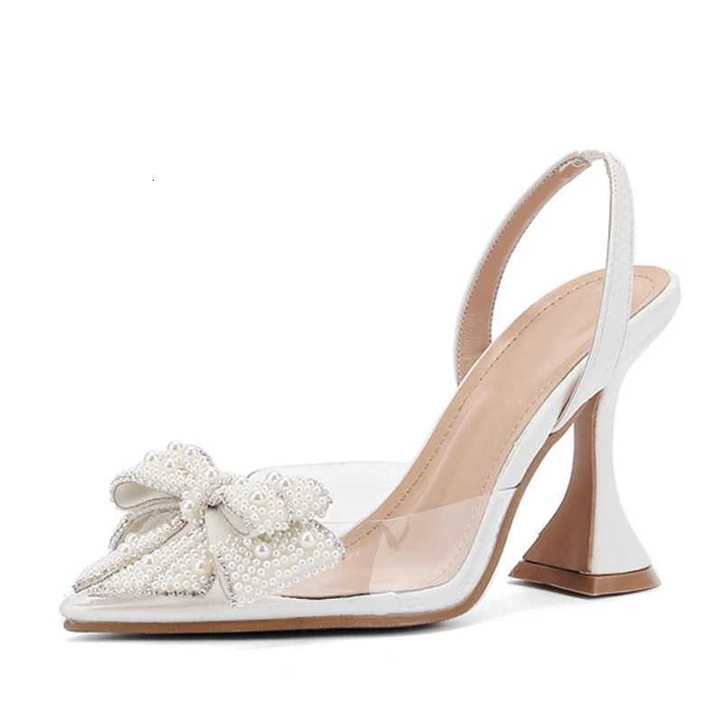 Liyke Fashion Design White Pearl Bowknot Women Pumps Sexy Pointed Toe High Heels Wedding Prom Shoe PVC Transparent Sandal Female C260321