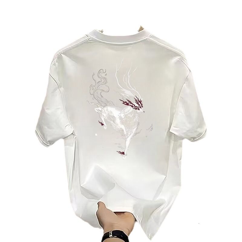 European fashion trendy brand light luxury men's T-shirt with short sleeves, unicorn print, Chinese style, round neck, loose fit, half-sleeve tee