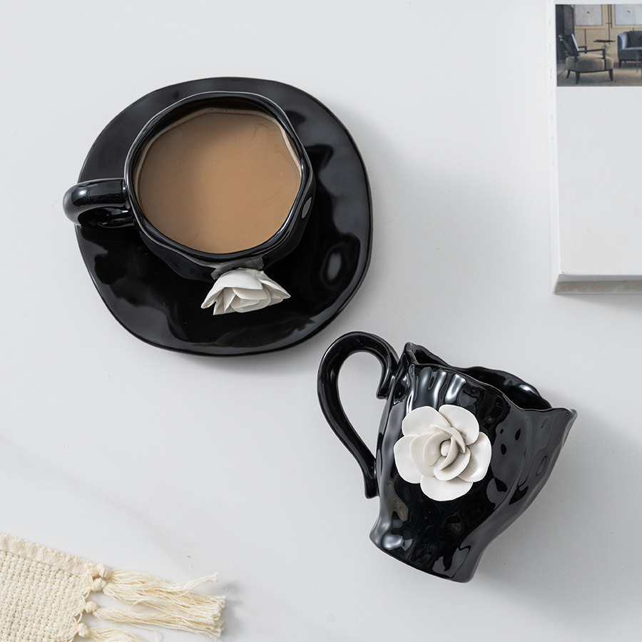 French Camellia Ceramic Mugs 3D White Rose Breakfast Milk Coffee Cup Saucer Set High Quality Kitchen Drinkware