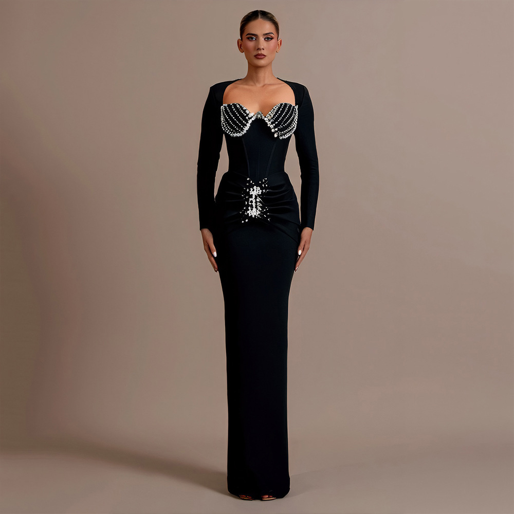 New European And American High-end Light Luxury Celebrity-style Rhinestone Bandage Designer Dress Dress Elegant And Slim-fitting Long Gown