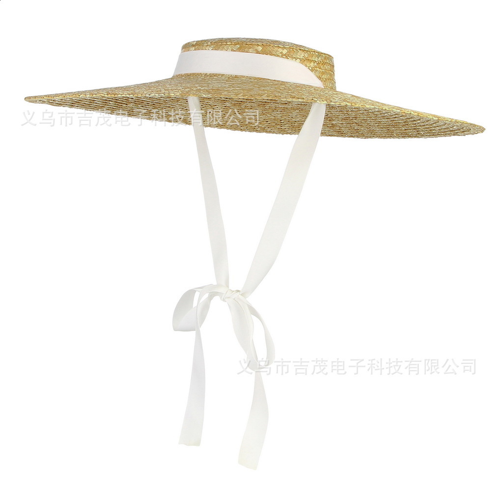 Vintage Large Brim Straw Hat for Women Flat Top Summer Beach Cap Shallow Crown Boater Sun Hats Ribbon Tie Wicker Hat 220601