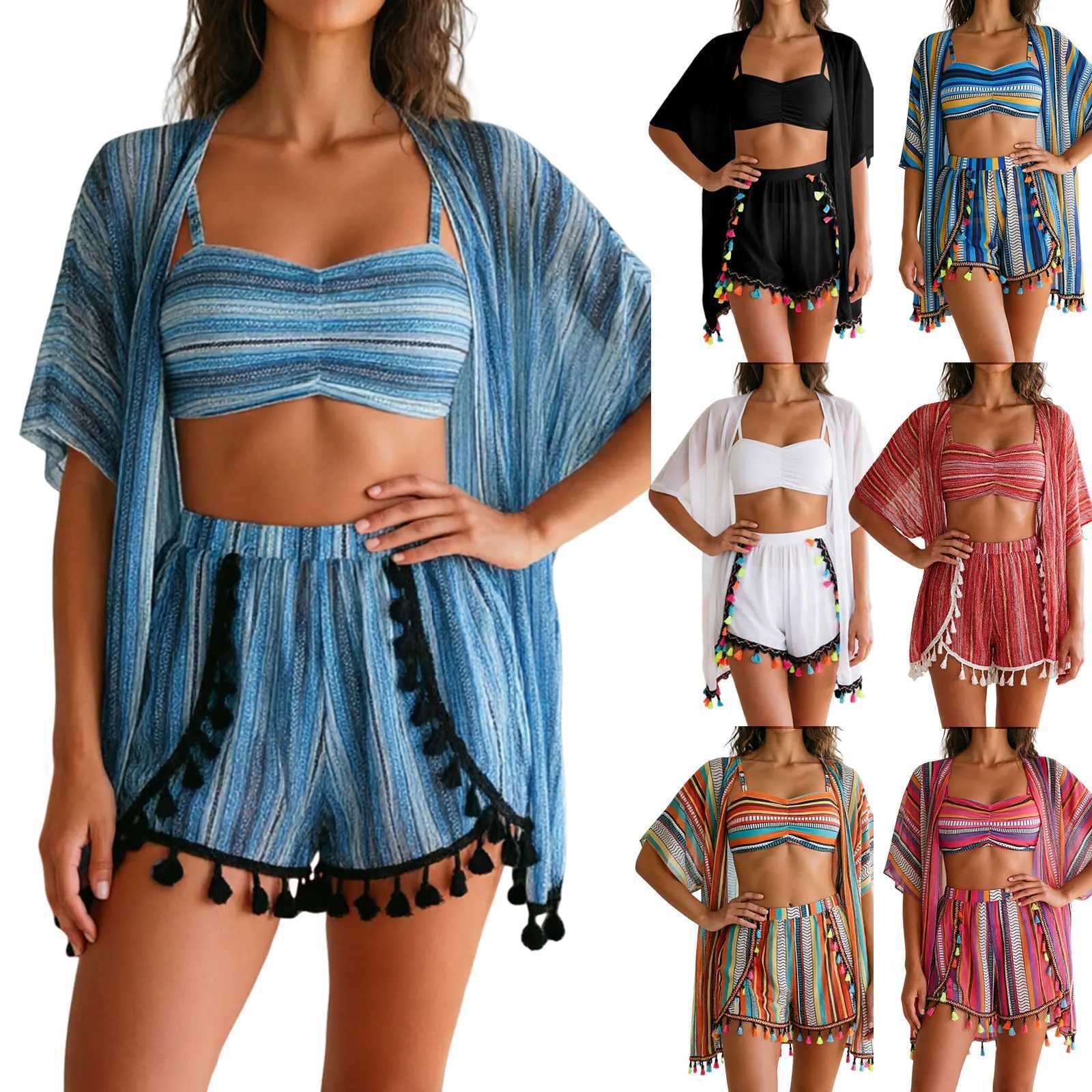 4 Piece Bikini Set 2026 Women Swimsuits Boho Tassels Sunscreen Blouse Cover Up Beach Shorts Bathing Suit Holiday Swimwear M260321