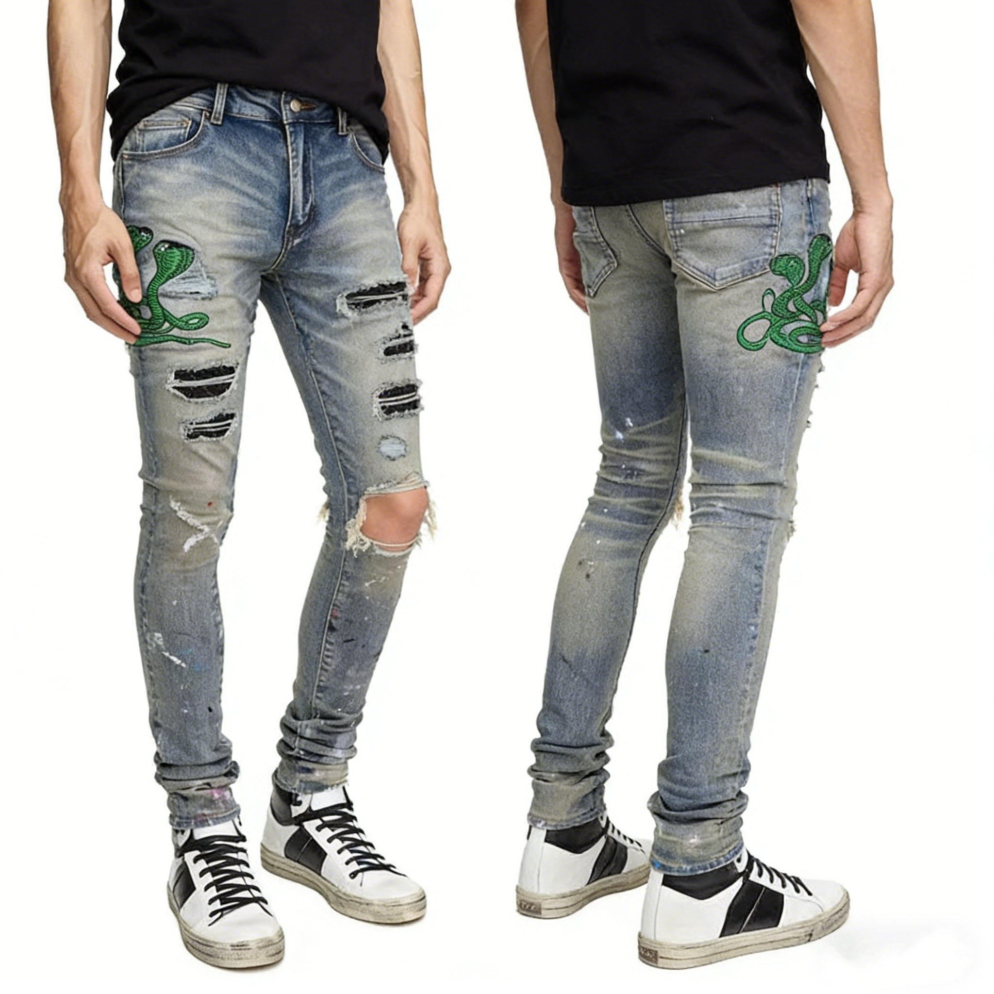 designer jeans amirijeanss for mens skinny jeans stickers light wash ripped motorcycle wear best version wholesale price Size 28-40