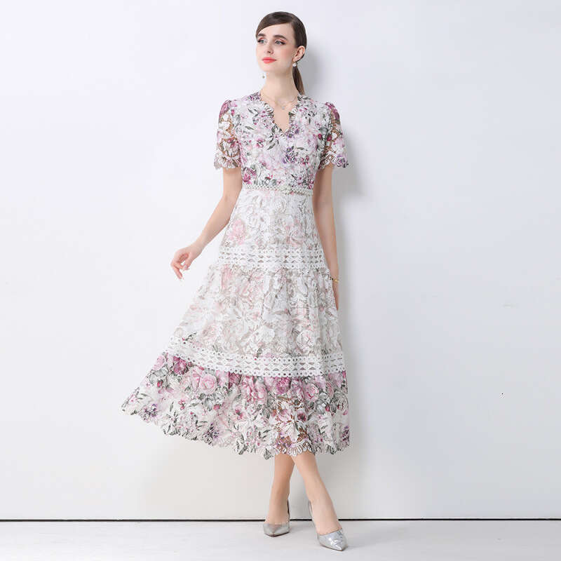 Designer French retro style elegant high-end exquisite hollow out water-soluble lace A14 waist cinching slimming fashionable long skirt