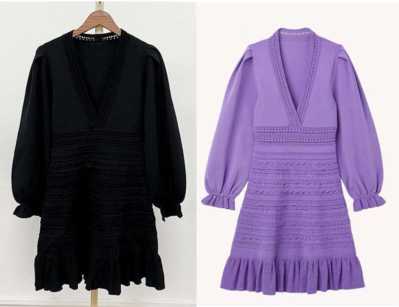2026 Spring New Designer French Elegant Lantern Sleeve V-neck Slim k30 Knitted Dress