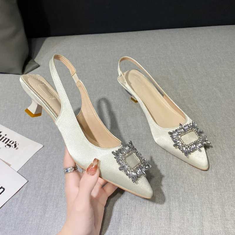 Square Back Hollow Stiletto Heel Pointed Toe Shoes Baotou Sandals for Women New Summer Rhinestone C260321