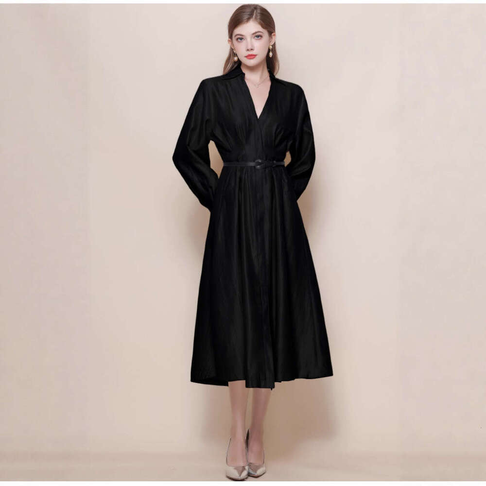 Designer French B15 luxury socialite waist cinched slim fit long sleeved V-neck windbreaker dress elegant women's mid length skirt