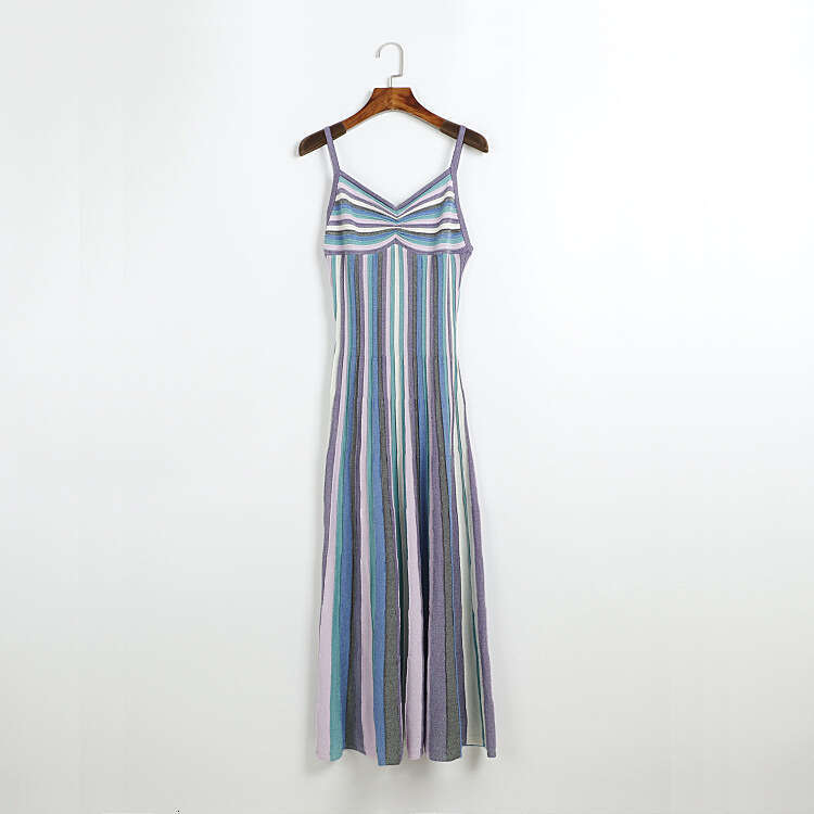 Designer Bohemian style beach long dress summer k30 new color striped strap suitable for women's pleated flared skirt