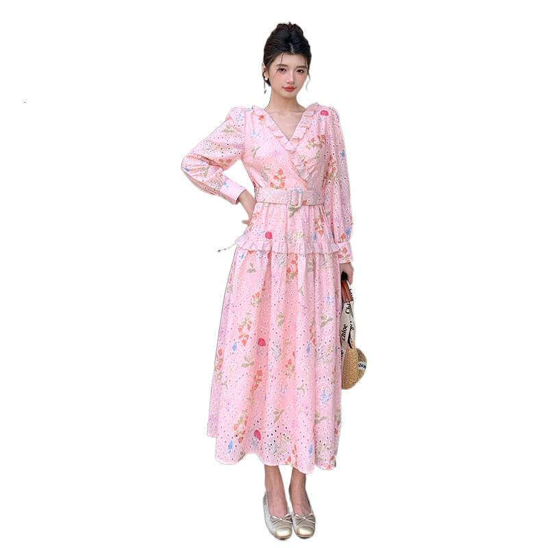 Women's heavy-duty V-neck embroidered hollow French waist A14 fairy 2026 summer travel vacation style elegant floral long dress