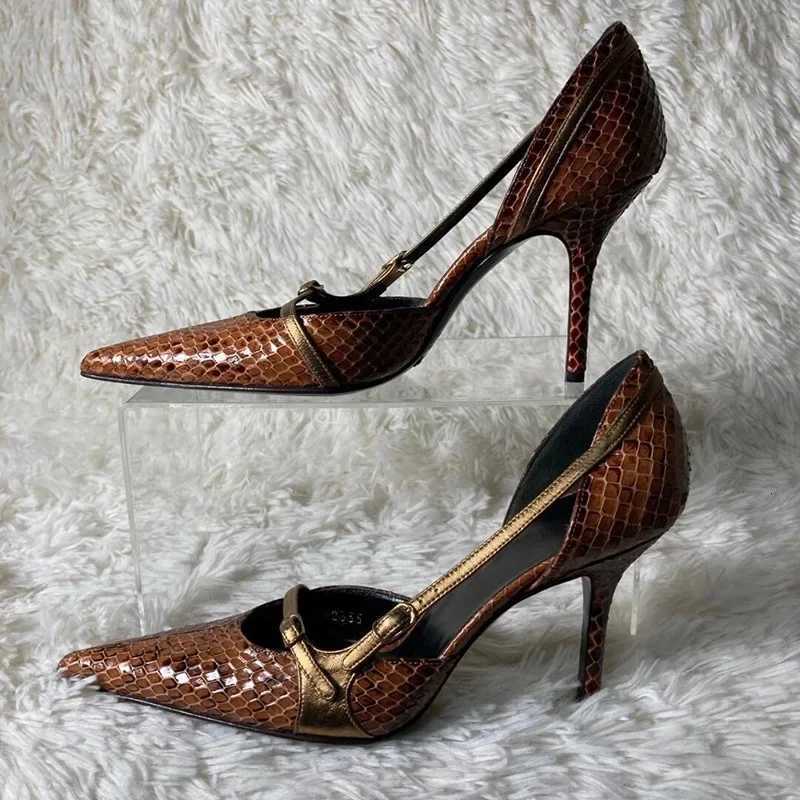 Small and Niche Design Pointed Thin Heel Snake Skin Pattern High Heels for Women Retro Spicy Belt Hollow Sandals C260321