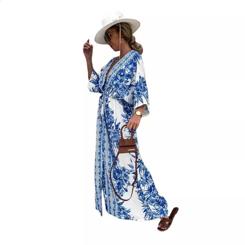 Bohemian Style Floral Print Dress For Women Summer Single Breasted V-neck Party Dress Spring Long Sleeve Holiday Mini Dress 240810