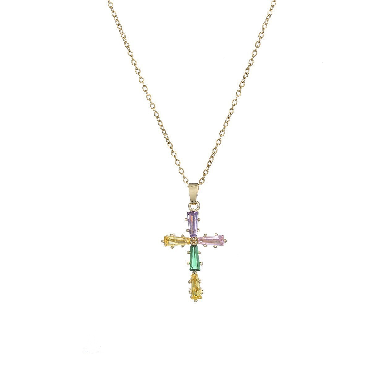 For Women Colorful Zircon Jewelry Niche Design Full Diamond Cross Pendant Necklace Stainless Steel Collarbone Chain